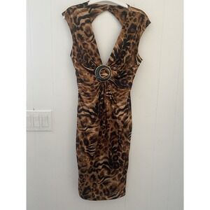 Joseph Ribkoff Leopard Print Sheath Dress Sz 6 Ring Detail V-Neck Open Back Y2K
